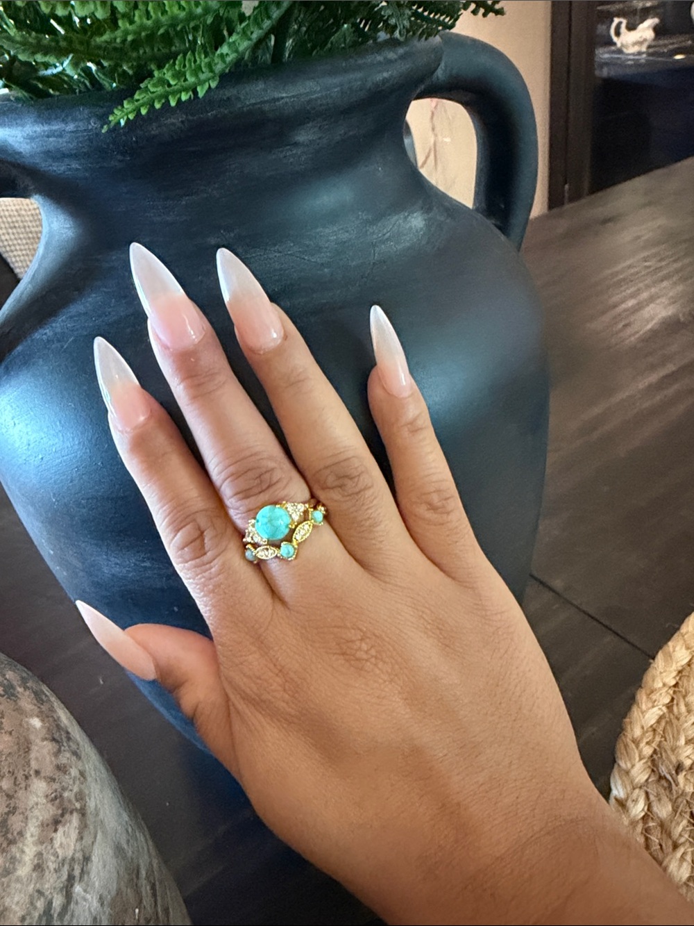 2 piece Gold Ring with Turquoise and Clear Stones - Women's Fashion Jewelry